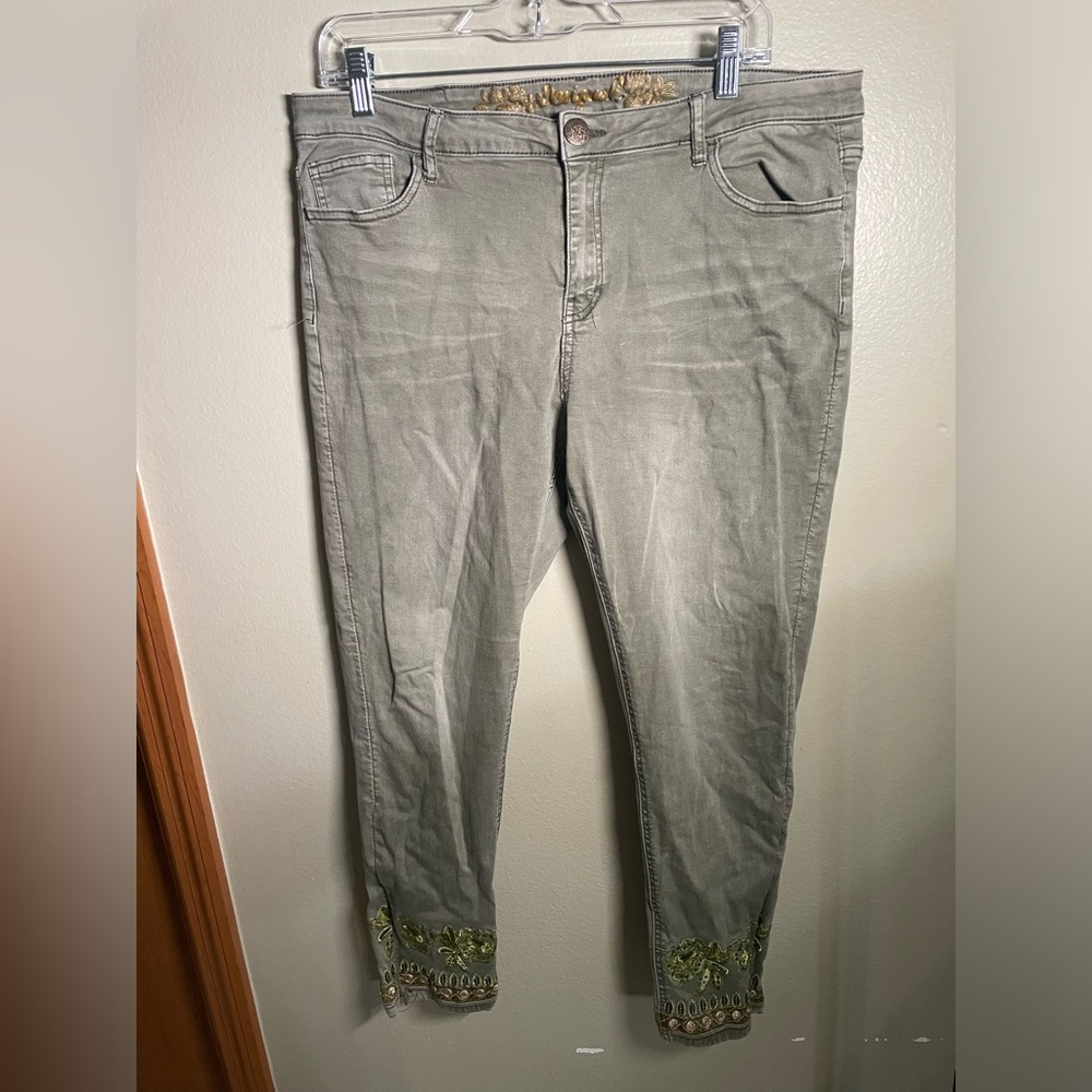 DESIGUAL Women's Exotic Jeans sz 14 Green Rhinestone Embroidered Boho festival